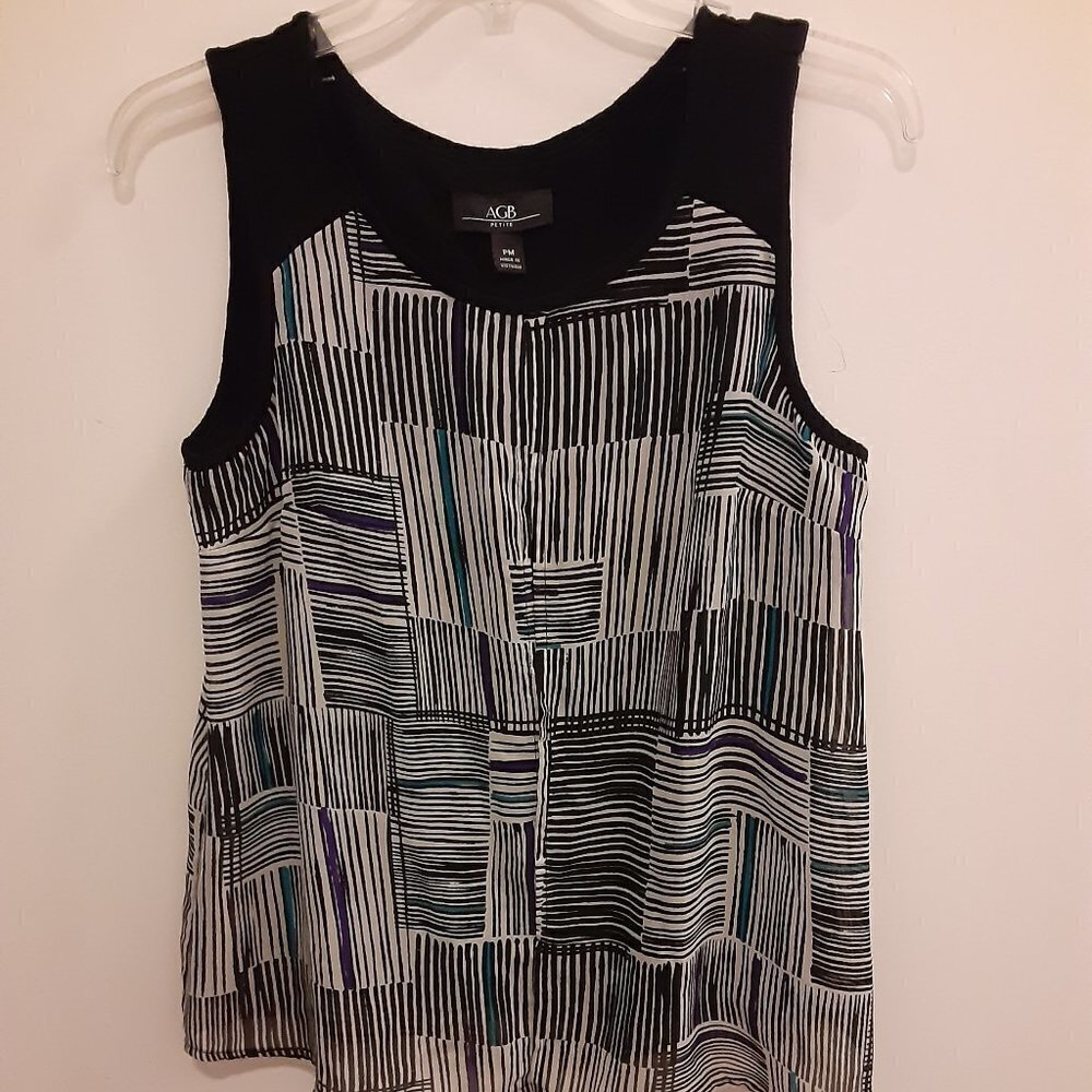 AGB (PM) Black/White/Green Stripes Topw/Scoop Neck, Slit in Front/Pleat in Back.
